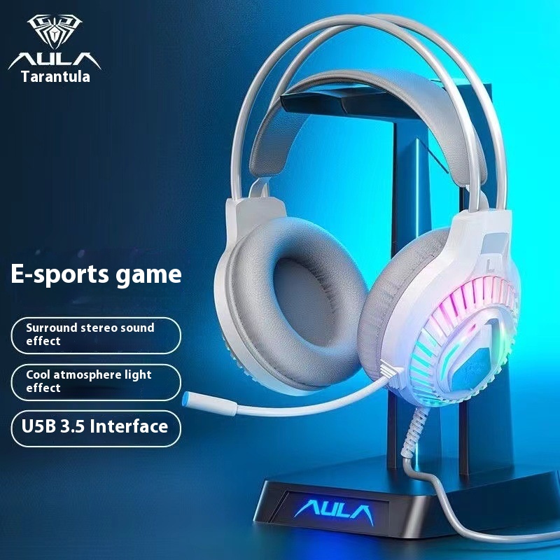 AULA S605 Gaming Headset - Kabelgebunden USB, RGB Stereoskopisch, Aktive Geräuschunterdrückung, Mikrofon: Weiß
