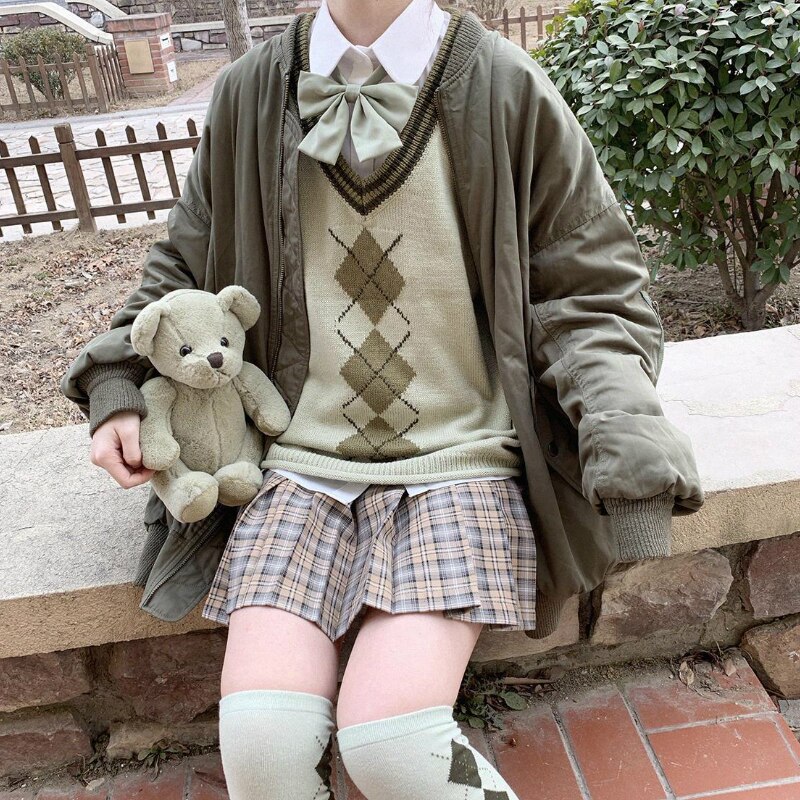 Sweater Vest Women Argyle V-neck Colorful Casual Preppy Womens Sweaters Flanging Loose Korean Style Students Knitted
