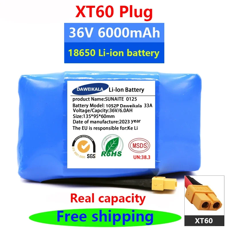 Origina 36V Battery Packs 6000mAh 6.0Ah Rechargeable Lithium Ion Battery for Electric Self Balancing Scooter HoverBoard Unicycle