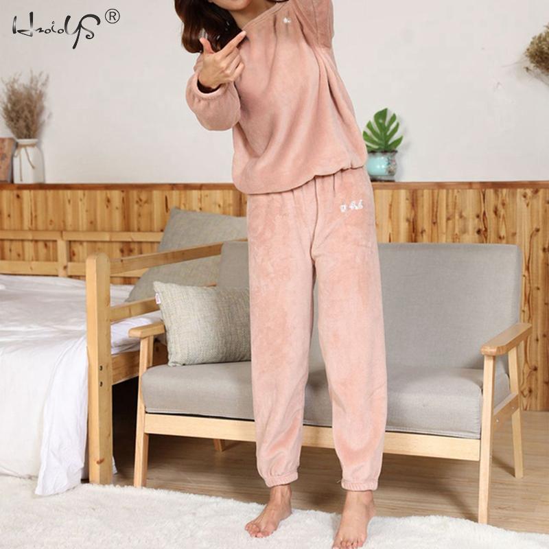 Inverno feminino flanela de veludo pijamas define pijamas grosso solto casual macio quente camisola de casa roupas femininas terno pijamas: B Pink