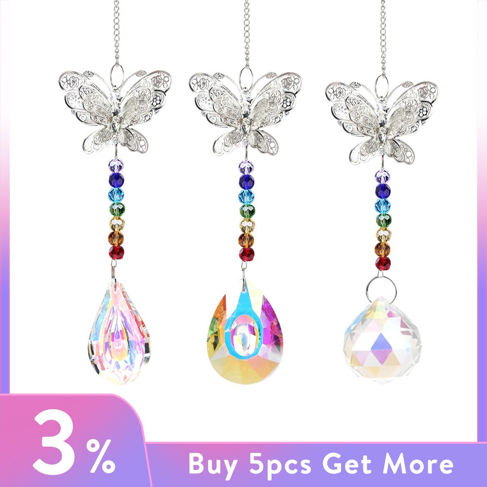 Adornos de cristal de mariposa, carrillón de viento colgante para ventana, lámparas de araña, cortina de luz, prismas, decoración colgante
