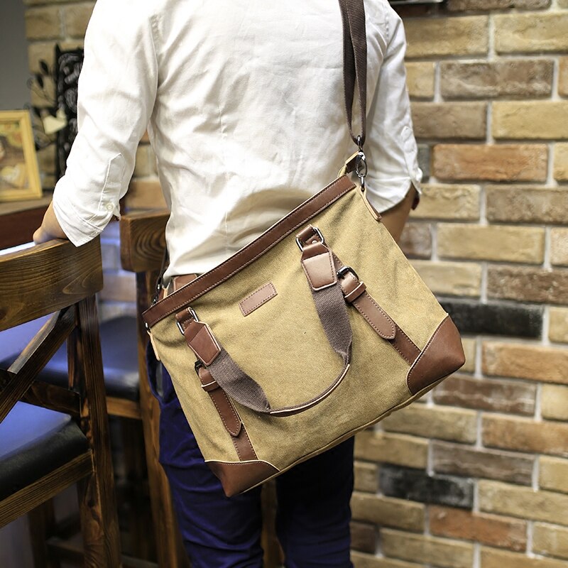 Khaki Casual Vintage Multifunction Soft Men&#39;s Canvas Travel Handbag Crossbody Shoulder Messenger Bag For Men