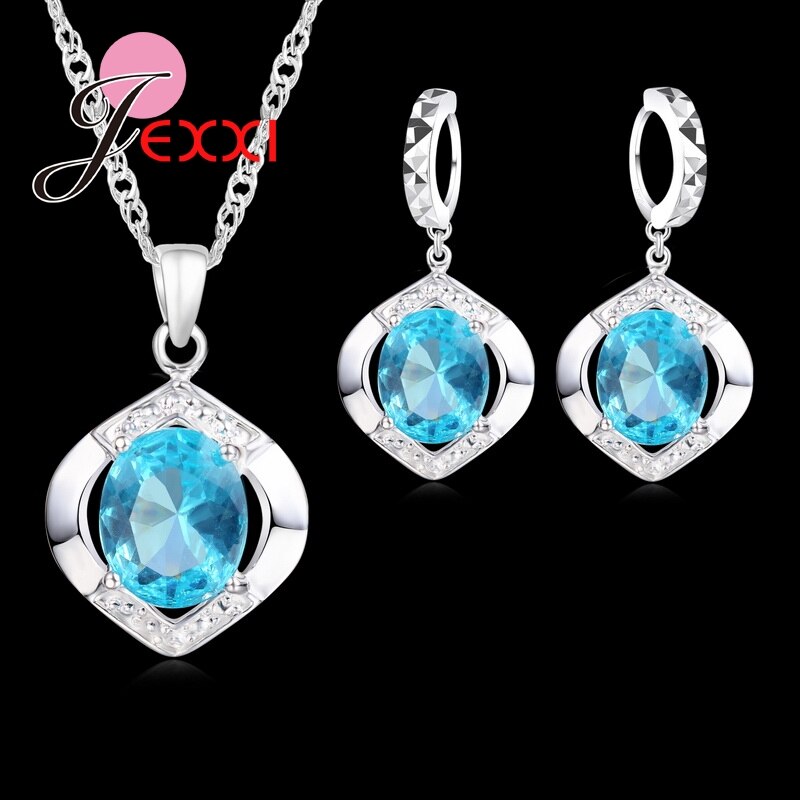 Blauw 5A Zirconia Geometrische Sieraden Sets Voor Vrouwen Top Echt 925 Sterling Zilveren Hanger & Ketting Hoop Earring