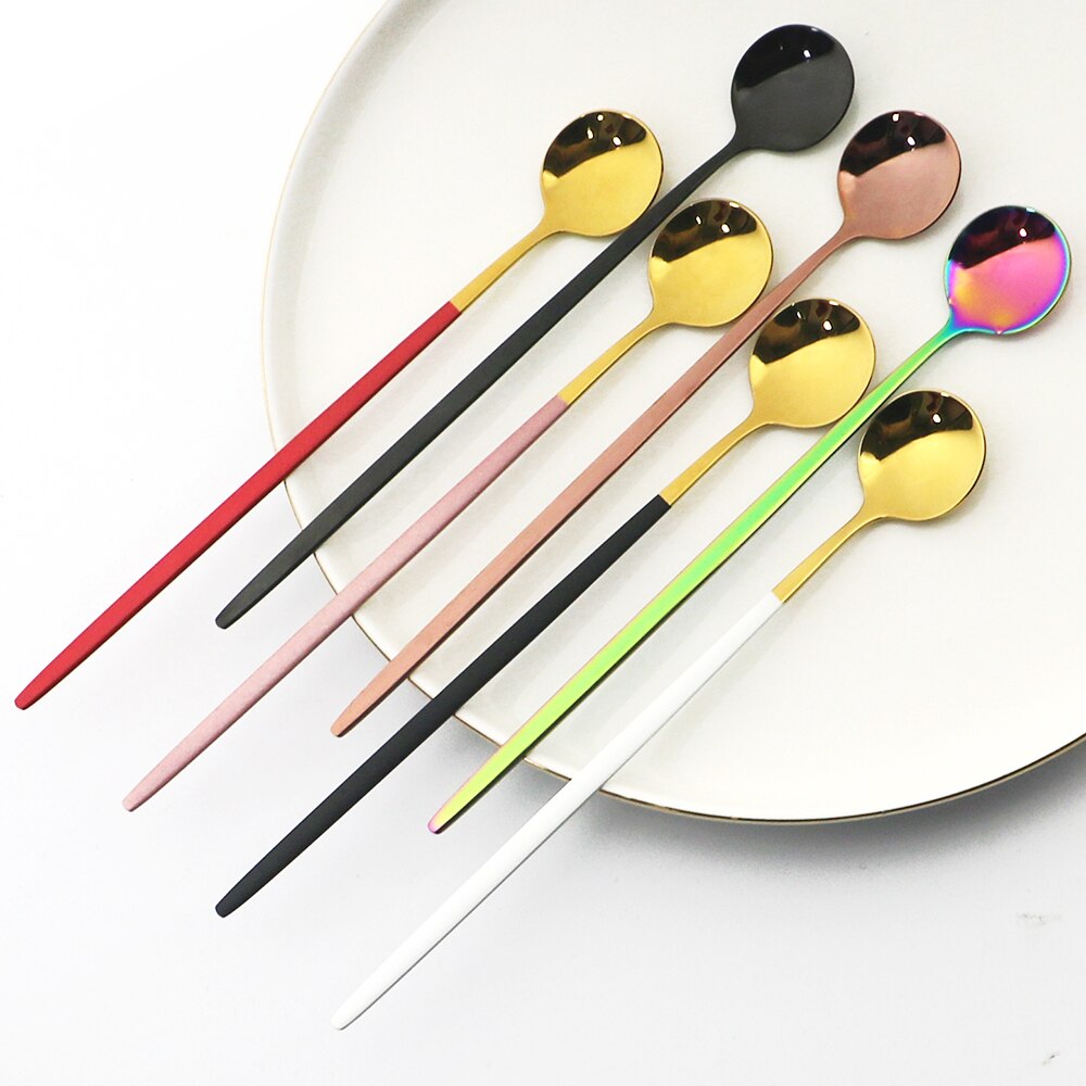 6Pcs Rainbow Long Hangdle Spoon For Polished Stirring Drink Dessert Ice Cream Spoon Cutlery Flatware Steainless Steel Tableware