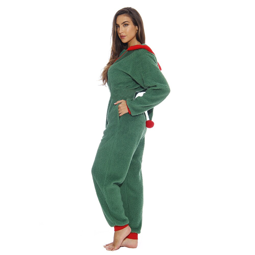 Echoine Women Pajamas Sets Autumn Winter Fur Wool Christmas jester hat Thick Warm Zipper Women Sleepwear Flannel Overalls