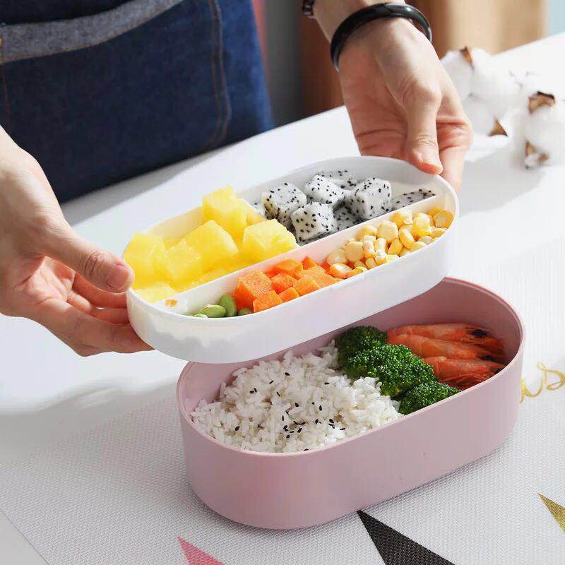 Draagbare lunchbox voor gezondheidsmateriaal, 800ml houten ovale dubbele lunchboxen, magnetronbestendig, voedselbewaarbakje, lunchbox