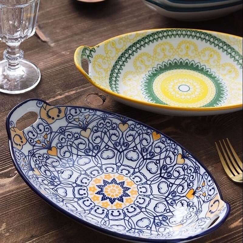 Bandeja de cerámica para hornear queso al horno, bandeja de pescado a la parrilla, plato Binaural, cuenco para hornear, horno microondas, Hotel especial, Comercial