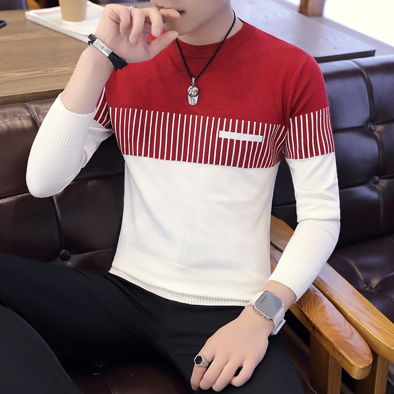Mænd afslappet bomuldstrøje patchwork o-hals langærmet slim fit pullover efterår vinter strikket tøj dropshopping