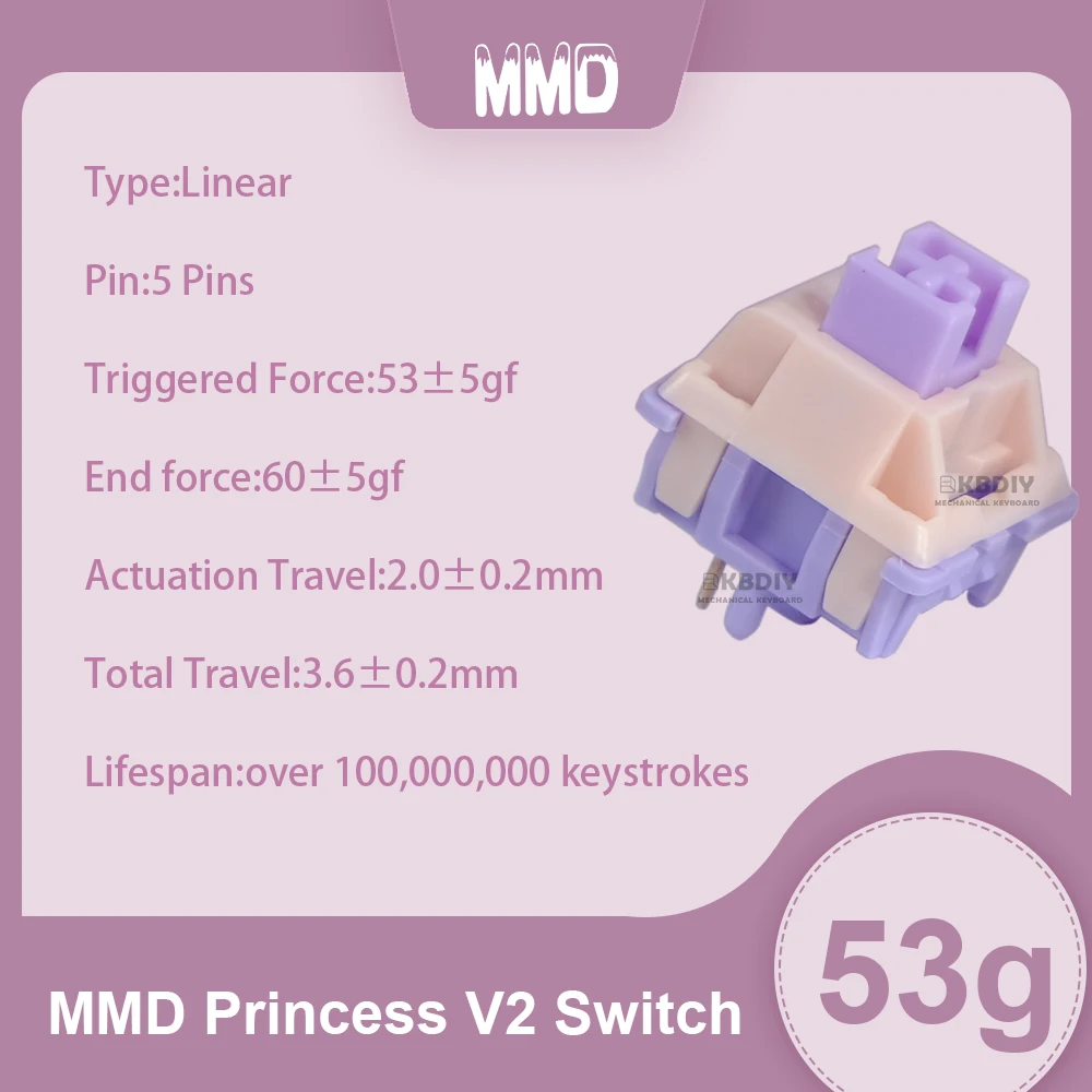 MMD Princess V3 Switch Linear Tactile 38/45/53/48/60g HIFI Sound Mechanical Keyboard Switches POM PTFE Material Custom DIY 5Pins: Gold / Red Switch