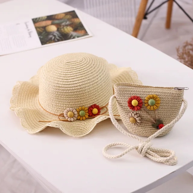 2024 neue Sommer Mädchen Strohhut Set Handtasche neue Blume Sonnenhut Strohhut Sonnenhut Kinder Mädchen Baby Strohhut Sombrero Sunset: MULTI