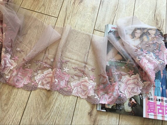 Roze Geborduurde Bloemen Kant Trim, Tule Kant Trim Met Gekleurde Borduurwerk, dusty Roze Mesh Kant Met Roze Pioen Roos, Beha Kant