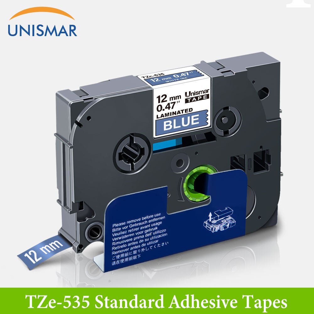 Unismar blanco en claro TZ-135 12mm cinta para etiquetas laminada hermano TZe 334 TZ cinta para P touch PT-D210 PT-H110 fabricante de etiquetas: White on Blue