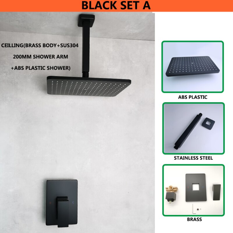 Matt Black Ultra Thin Square 8 Inch 304 Stainless Steel or ABS Top Shower Concealed In Wall Head Shower Set System: ABS Ceiling