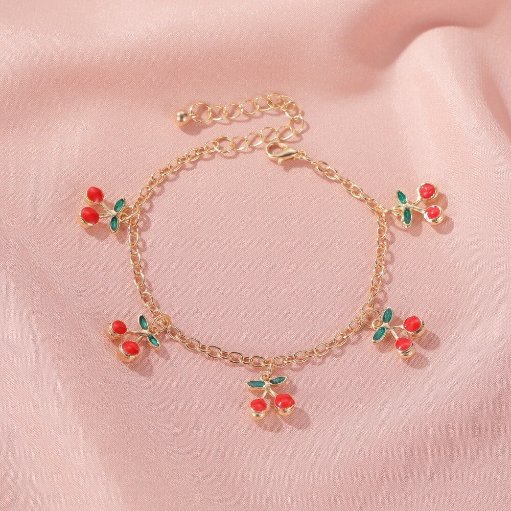 Pulseira de tornozeleira ajustável, pulseira da moda cores vermelha, cereja e dourada, joia para presente