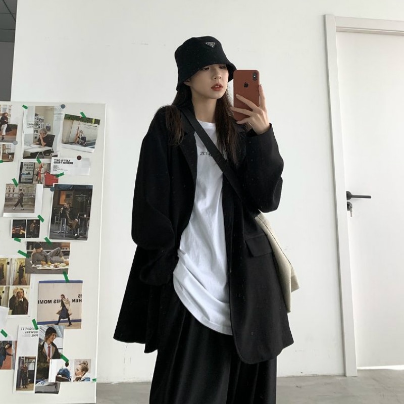 Blazere kvinder solid enkeltradet oversize retro forår efterår chic afslappet dame blazer teenagere enkel all-match stilfuld bf