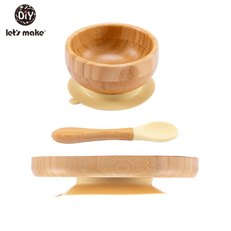 1set Baby Feeding Bamboo Bowl With Spill Proof Silicone Spoon Baby Dinner Plate Feeding Dinnerware Toddler Infant Tableware Set: yellow 3set