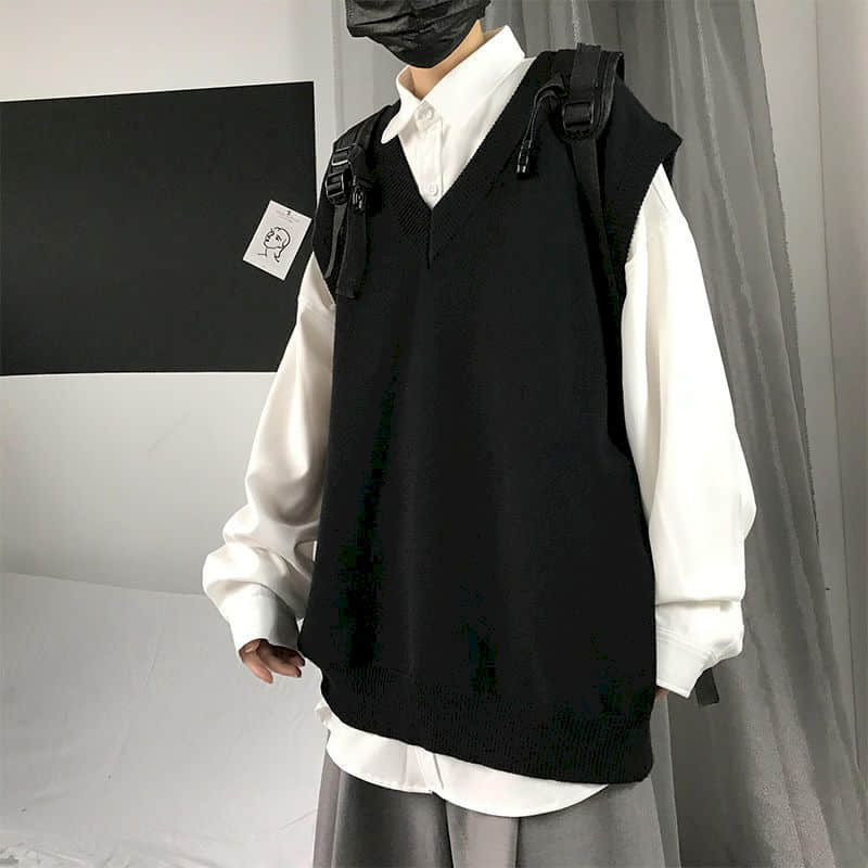Suéter de punto para hombre, chaleco de Otoño de color sólido, tendencia de estilo coreano, holgado, con cuello en V, sin mangas, estilo universitario