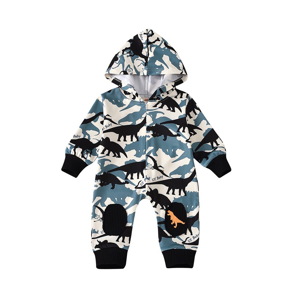 Mode Pasgeboren Baby Baby Jongens Meisjes Lange Mouwen Dinosaurus Gedrukt Hooded Rits Romper Jumpsuit Speelpakje Outfits Kleding # P4: Black / 24M