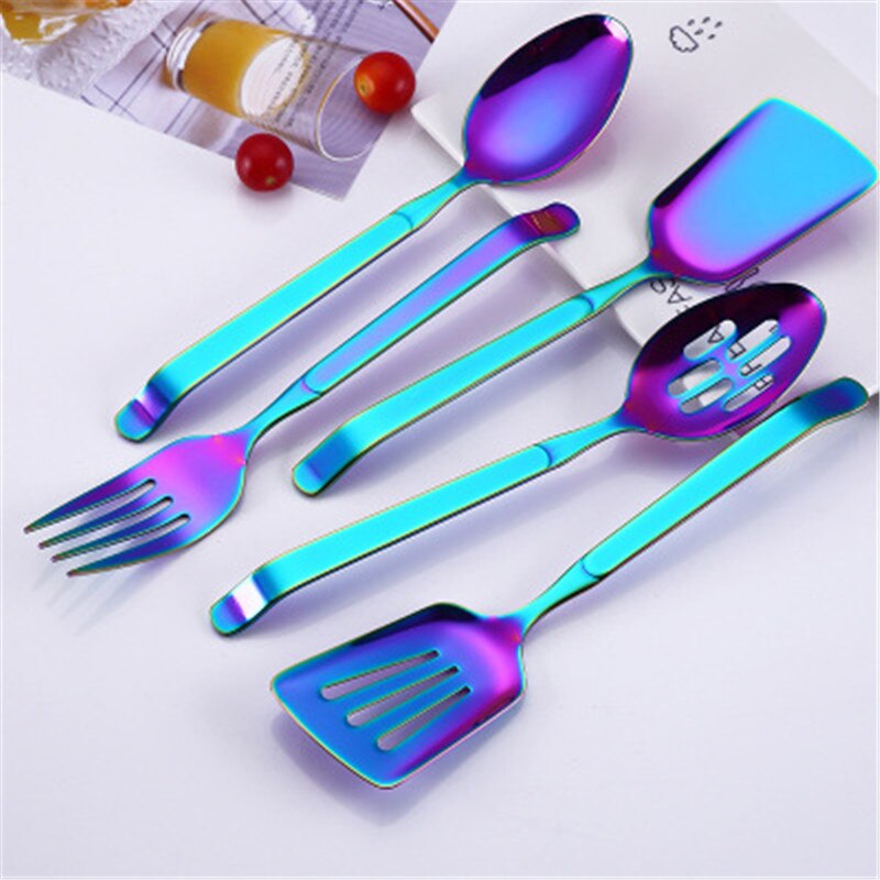 Newest Rainbow Stainless Steel Kitchen Utensil Set Big Size Public Buffet Spoon Colander Fork Shovel Kitchenware Cooking Tools