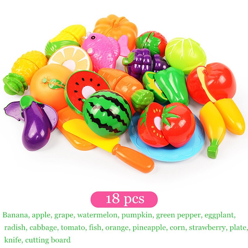 children kitchen toys Plastic fruits and vegetables toys cutting veget fruit toy Pretend Play food pizza kitchen kids toys: 18 PCS