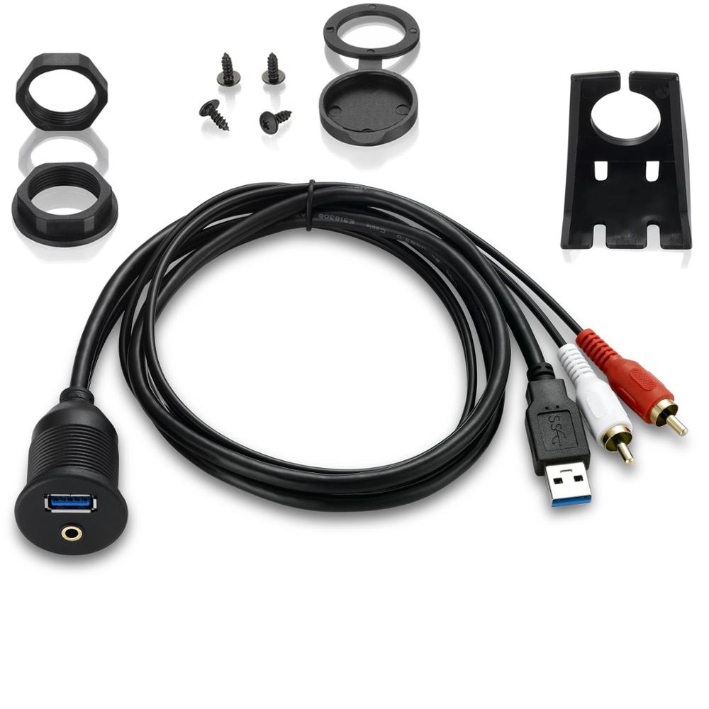 Bochara USB Flush Mount Panel USB 2.0 USB 3.0 Male to Female Extension+3.5mm Female to 2RCA Dashboard Cable For Car Motorcycle