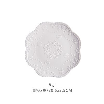 European Style Flat Plate-6&quot;8&quot;10&quot;Western Steak Plate -Embossed Round Shallow Plate Pure White Bone China Dessert Tray Home Acces: 8 inches-1pc-White