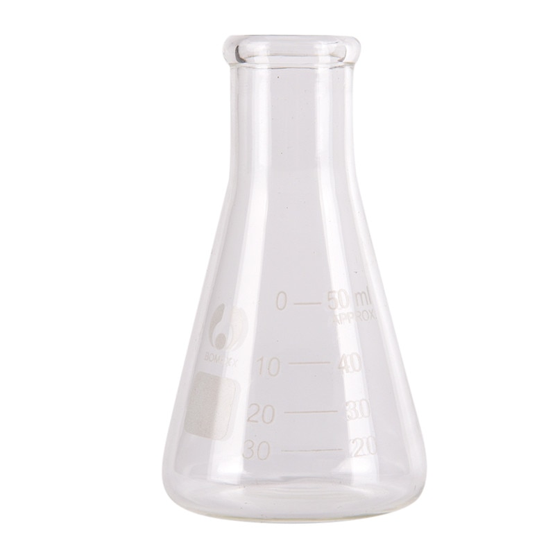 Frasco cónico de laboratorio transparente, vidrio, cristalería de seguridad para laboratorio, material de investigación escolar, frasco de vidrio de erleneyer, 50 ml