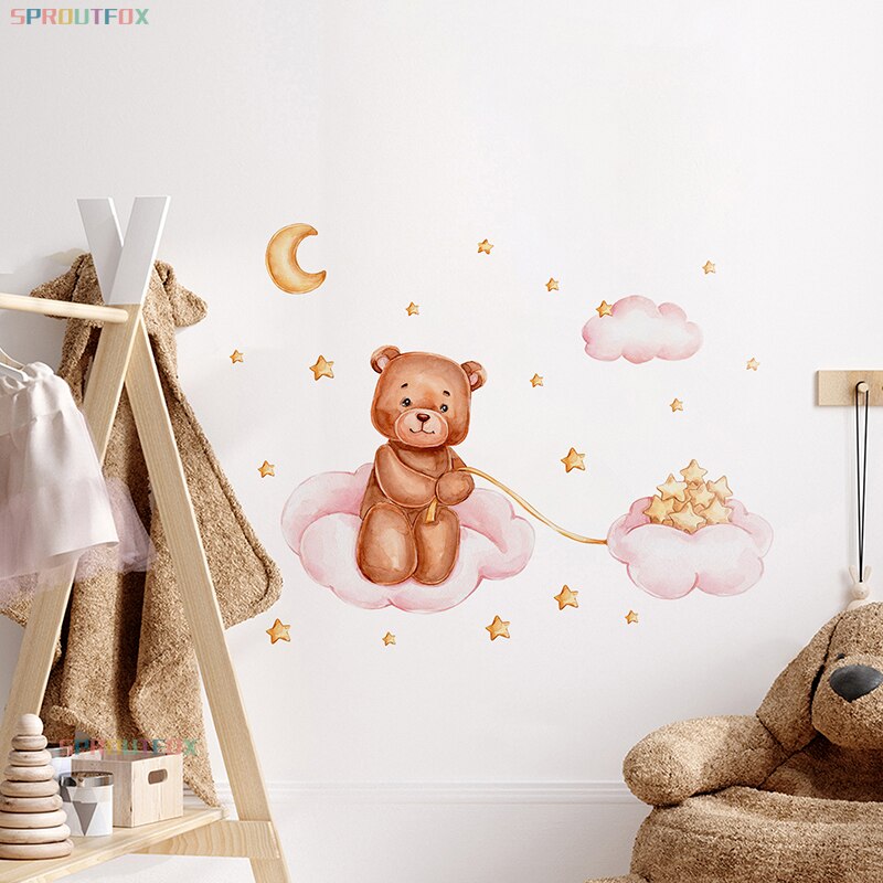 Beer en ster muurstickers voor kinderkamers kinderkamer behang roze wolken decoratieve sticker kinderen muurstickers kind