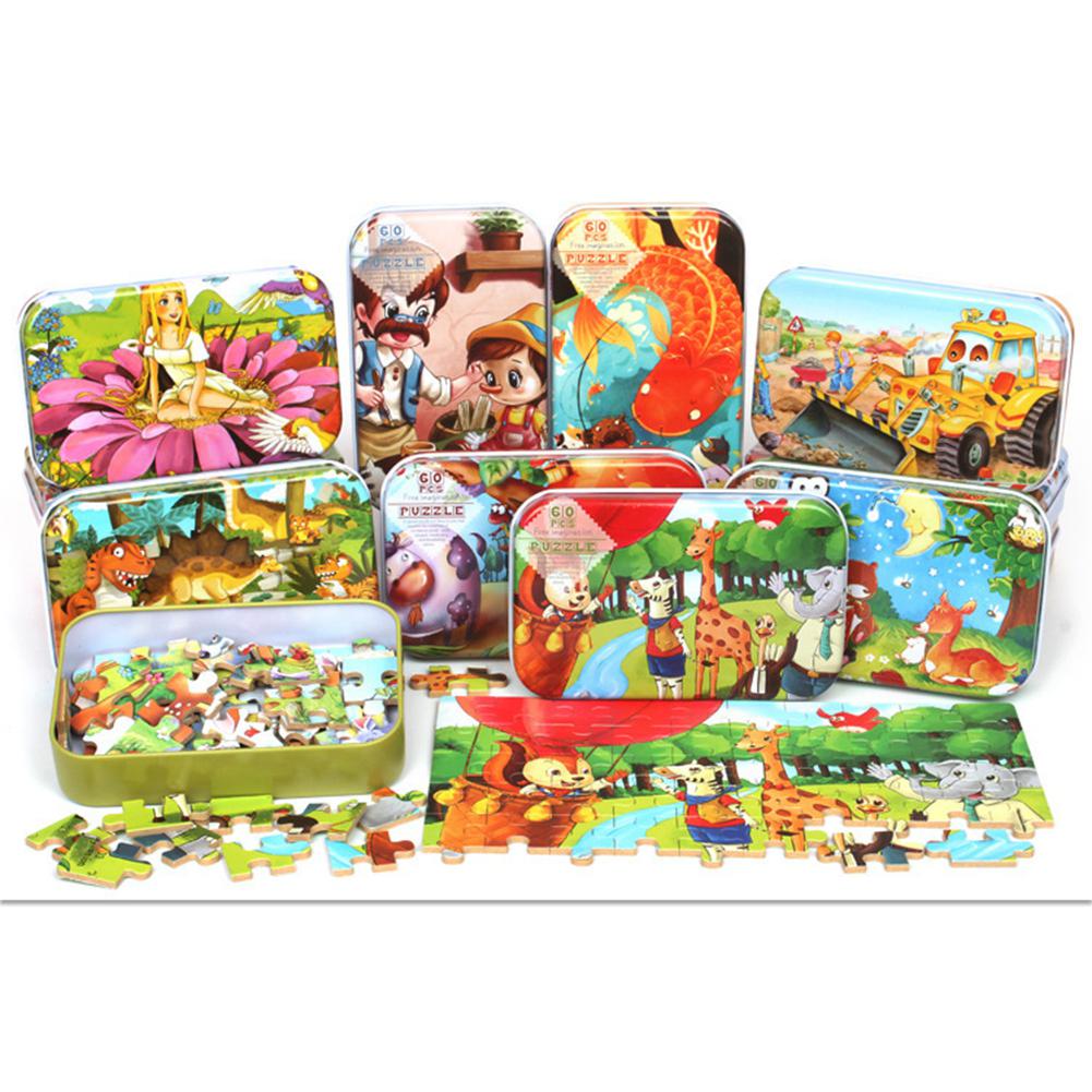 Geen 60 stks/set Leuke Houten Cartoon Dier Puzzel Game met Ijzeren Doos Vroege Educatief Speelgoed Baby Kids Training Toy Mooie