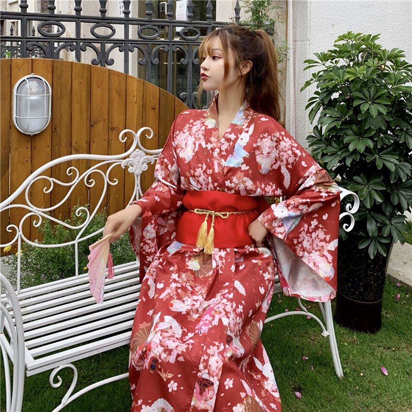 Vestido Kimono tradicional para mujer, manga larga, estilo japonés, Vintage, Yukata con cinturón, Kawaii, Furisode Performance