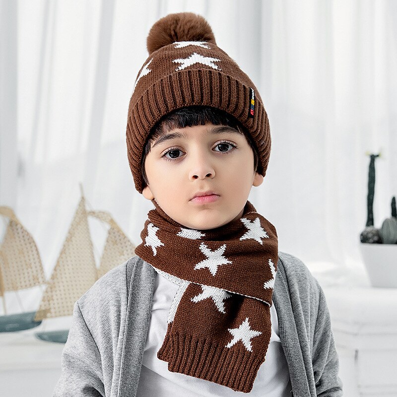 Ensemble de bonnets et écharpes tricotés pour enfants, 2 pièces, épais et chauds, avec pompon, accessoires pour vêtements, pour garçons, automne hiver