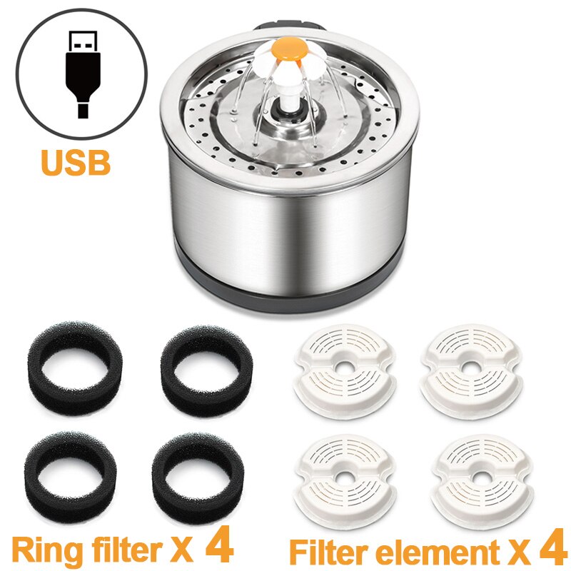 Automatisi – fontaine à eau pour chat en acier inoxydable, pompe Ultra silencieuse, 3 Modes de débit d'eau, arrosage des animaux de compagnie: 06-Steel-filterx8