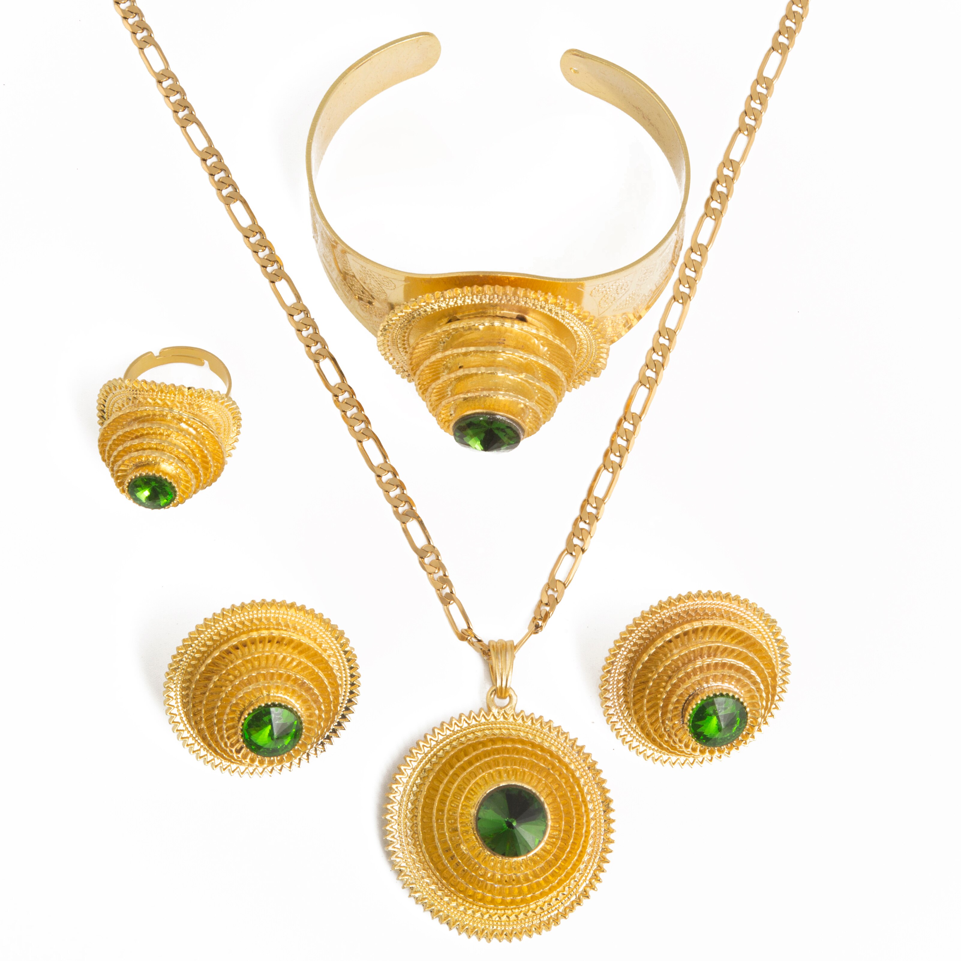 Set di gioielli da sposa con collana con ciondolo in zircone rosso oro etiopia per orecchini da donna con anelli etnici etiopi in Africa: green stone