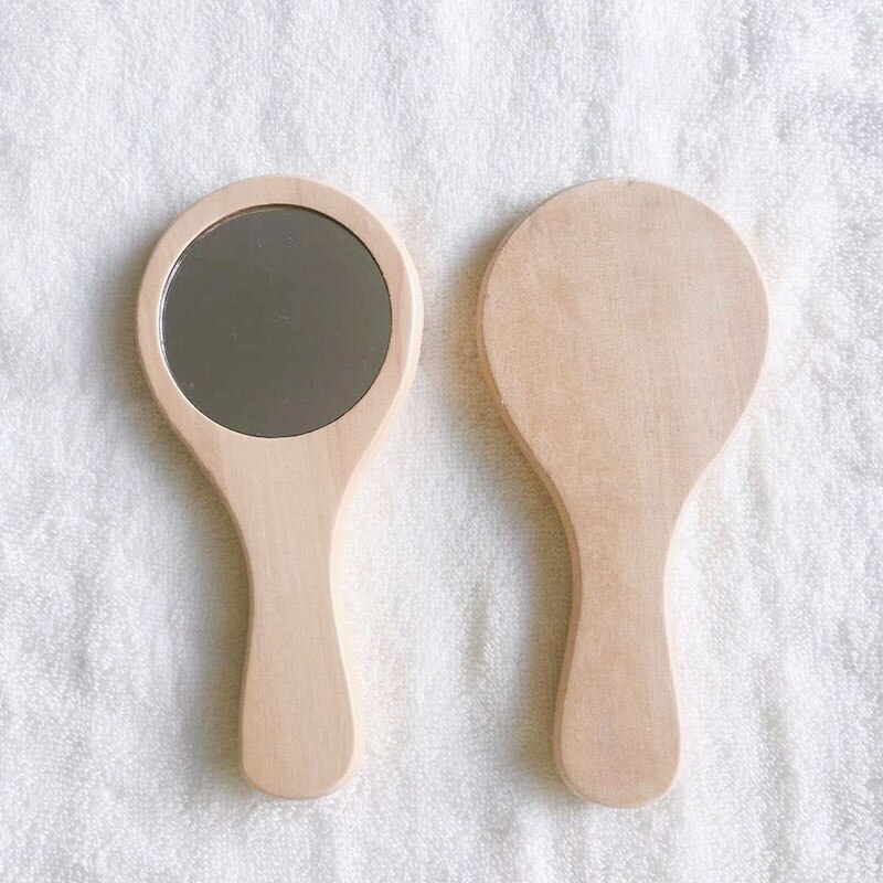 Wooden Handle Mirror Portable Pocket HD Mirror Handmade Wood Mini Makeup Small Round Mirror
