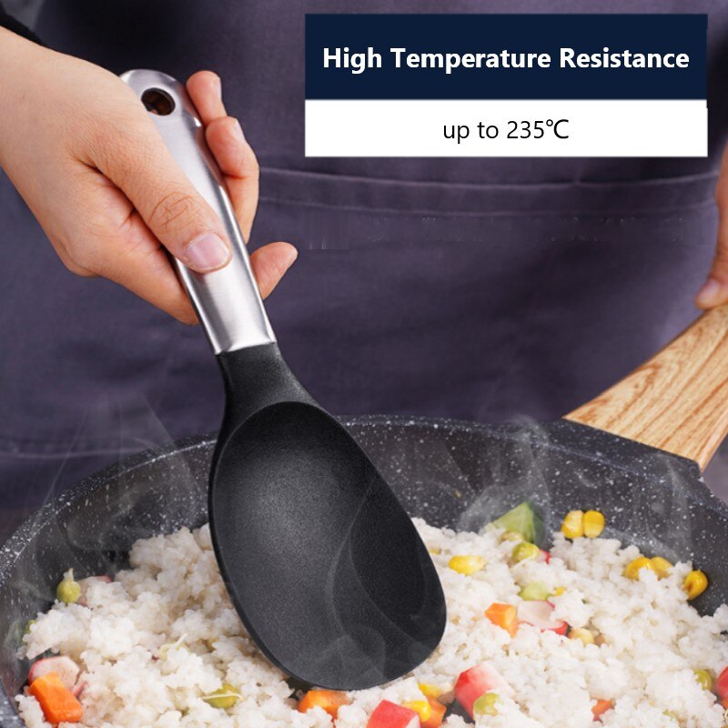 Non-Stick Stainless Steel Rice Spoon Rice Cooker Long Cooking Rice Spatula Scoop Black White Soup Spoon Kitchen Utensil Tablewar