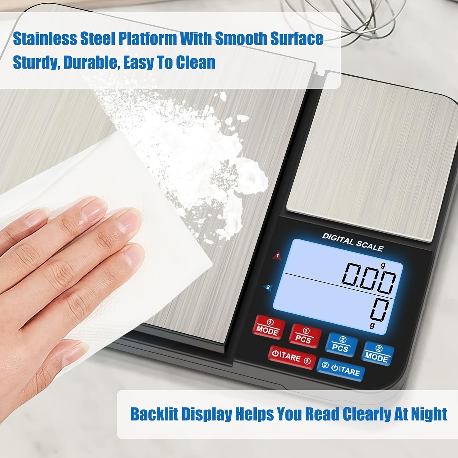1-delige grote digitale keukenweegschaal met dubbel platform, twee accuracies 0,01 g/0,001 oz en 0,1 g/0,01 oz, maximale capaciteit 5 kg/11 lb