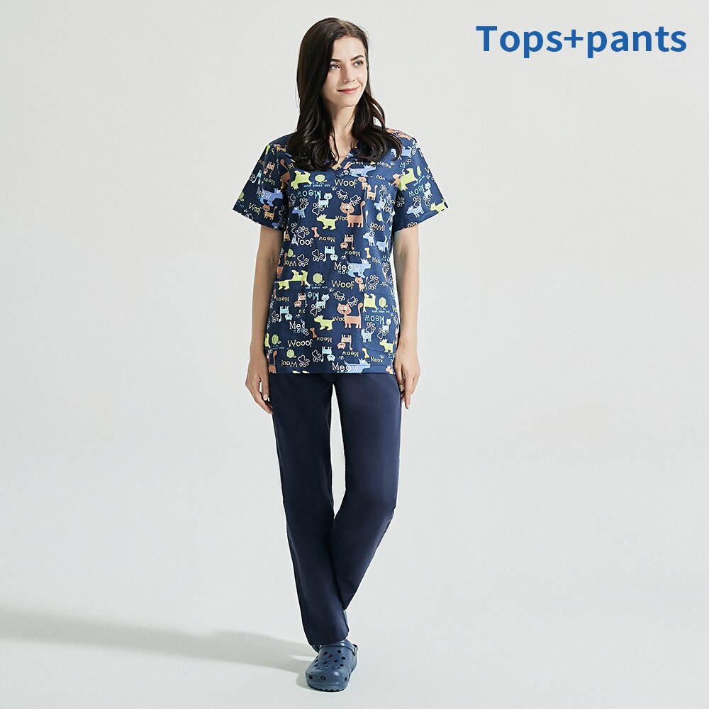Health service desigh women suits V-neck Beautician workwear dog print scrub tops Short Sleeved pet store work clothing: tops pants / XXL