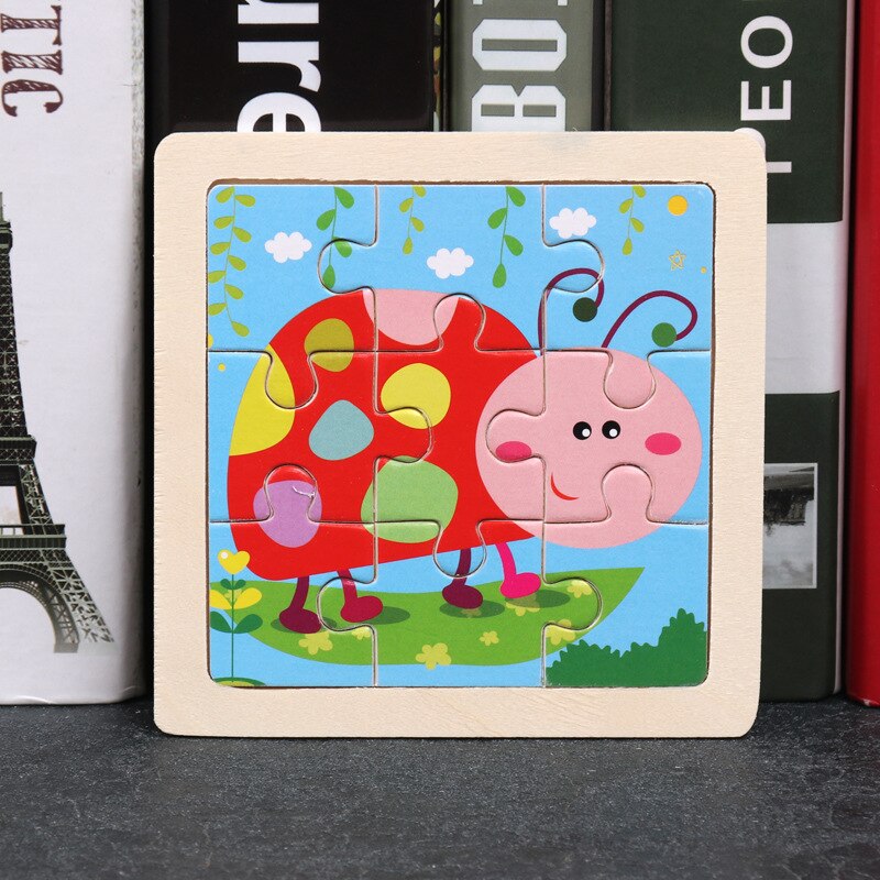 Puzle de madera de juguete para niños, 9 piezas, 3D, mini tamaño, dibujos animados, animales, tráfico, tangram, puzzle, educación: 9-bee2