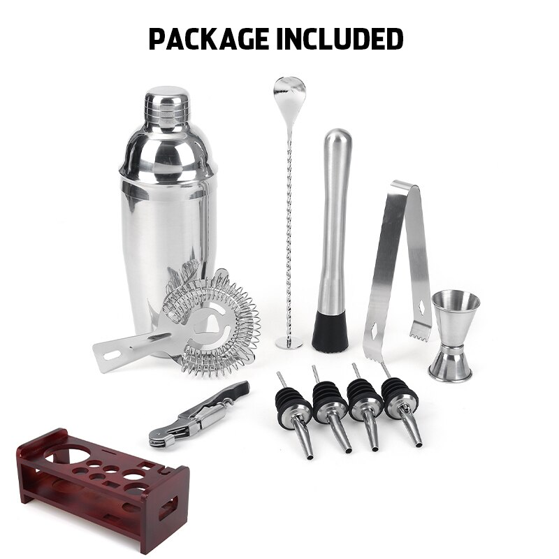 12Pcs/set 750ml Stainless Bar Cocktail Shaker Mixer Drink Bartender Browser Set Barware Set Shaker Set With Wooden Rack Stand