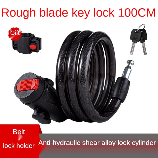 Mountain Bike Bicycle Lock Electric Stainless Steel Password Fixed Portable Anti-Theft Steel Wire Chain Lock: Rough blade key lock 100cm with lock rack  black