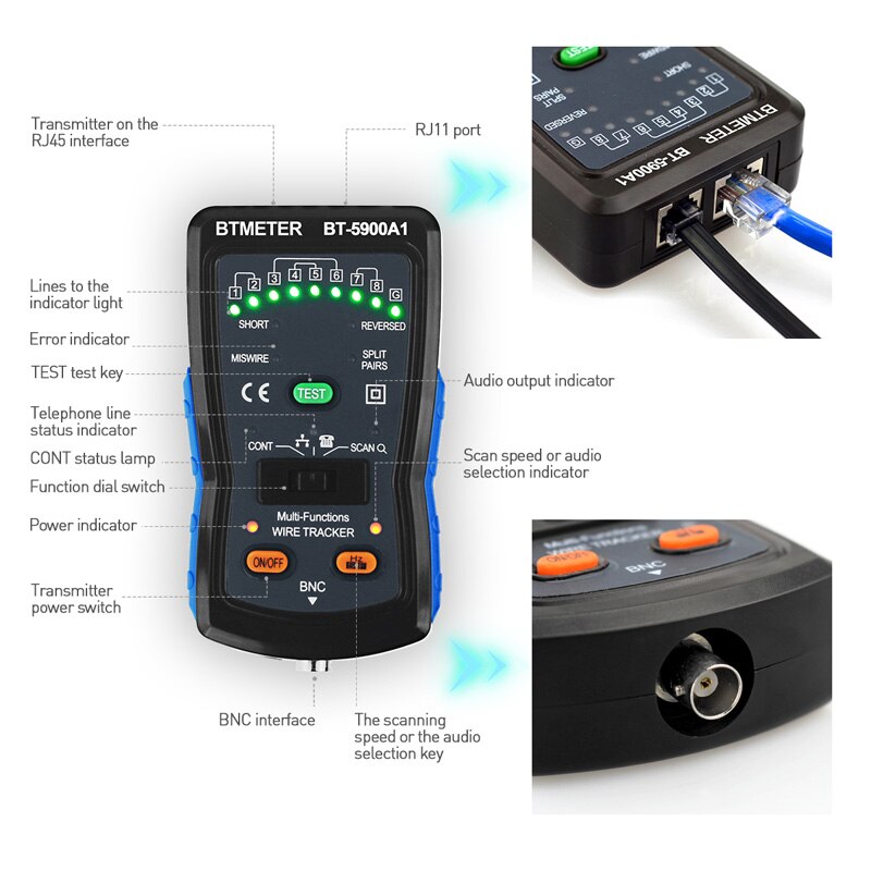 BT-5900A1 Cable Finder Tone Generator Probe Kit Wire Tracker Toner Ethernet LAN Network Cable Tester Telephone Tester