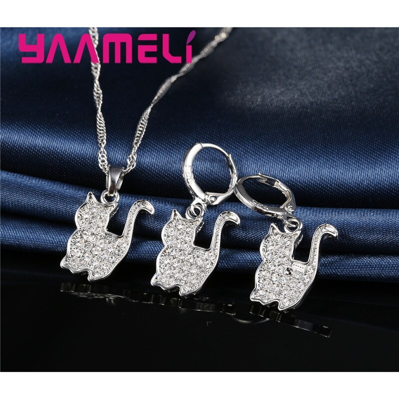 Ensemble de bijoux en argent Sterling 925, pendentifs chat persan mignon, boucles d'oreilles en Zircon cubique scintillant, pour femmes et filles