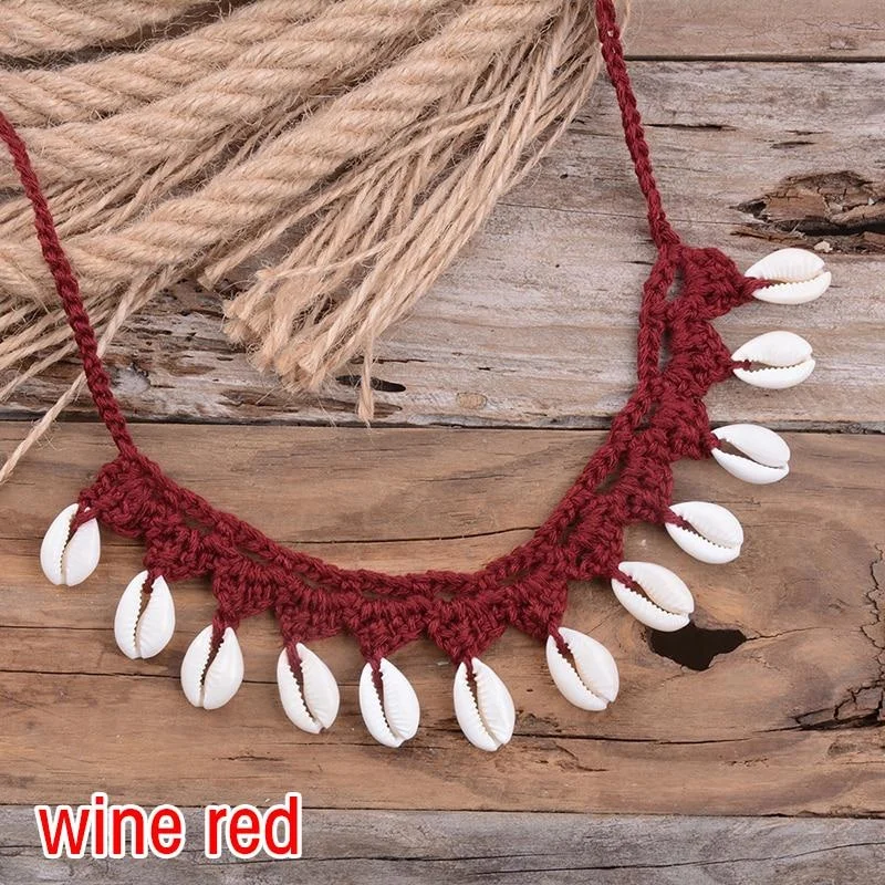 Collar de conchas bohemias para mujer, Gargantilla de cadena de cuerda tejida a mano, collares de cuentas de playa de verano, joyería: Rojo óxido