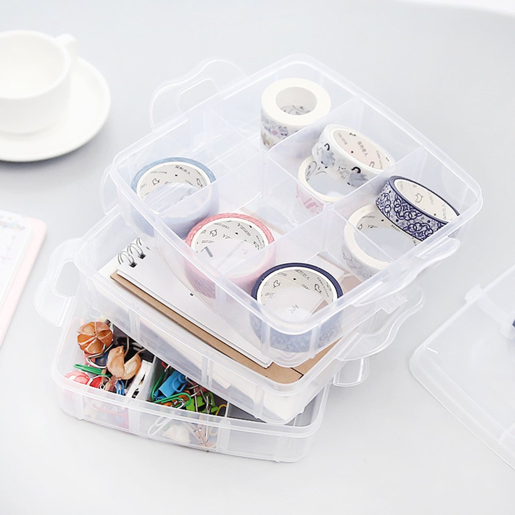 Sammenfoldelig trelagsbånd gennemsigtig opbevaringsboks separate tape klistermærker værktøjsstyring gennemsigtig plast kontorarrangør