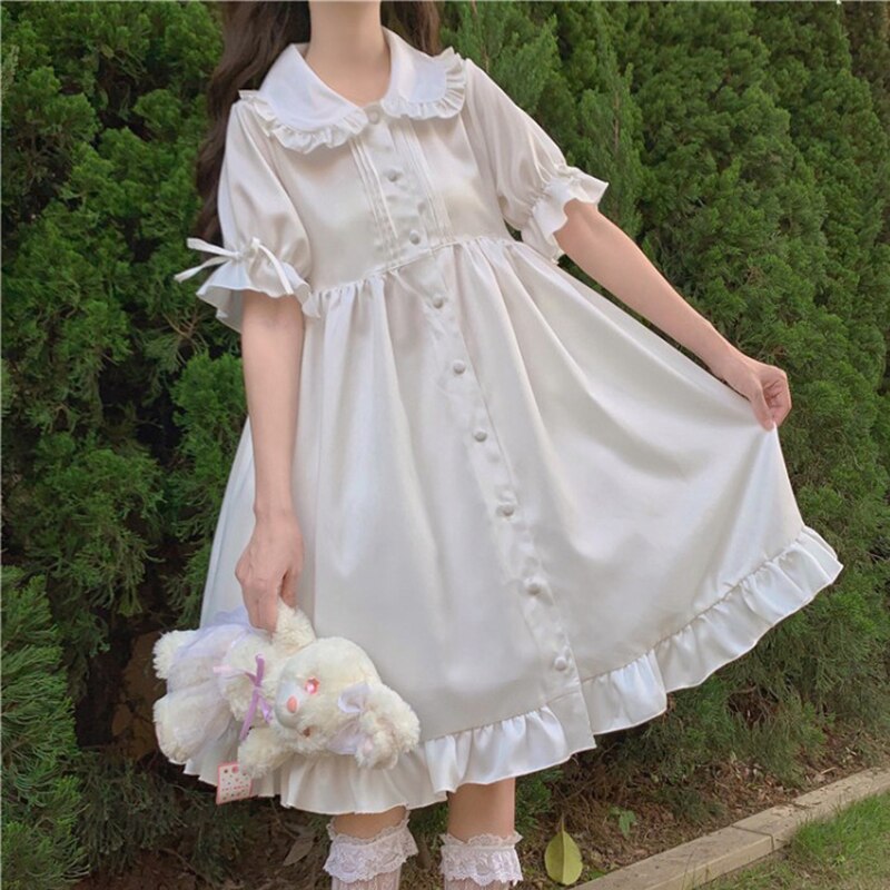 Blanco Lolita de diario vestido para adolescentes Retro Vintage gótico victoriano estilo japonés, estudiante de la escuela volantes chica dulce princesa