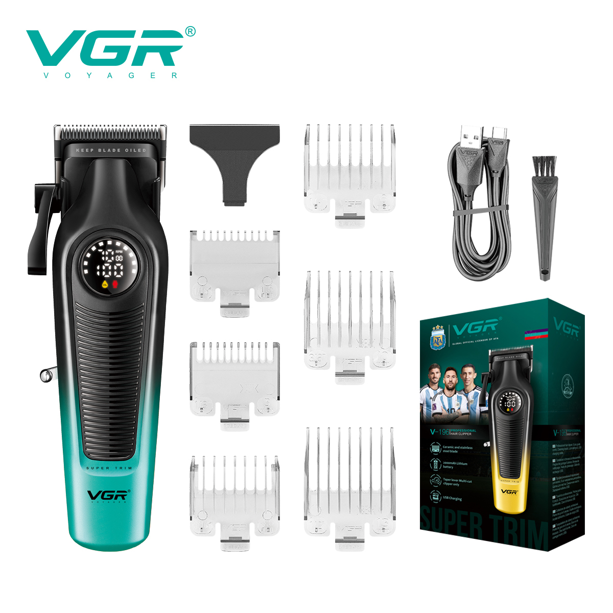 VGR 196 gradient color men's hair trimmer, high-end hair trimmer, intelligent digital display, electric hair clipper, home elect: green