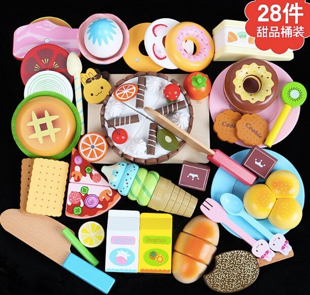 Wooden cutting fruit kitchen toy Food Toys Fruit Fish Vegetable Blocks Montessori preschool educational toy kids Birthday: 28pcs