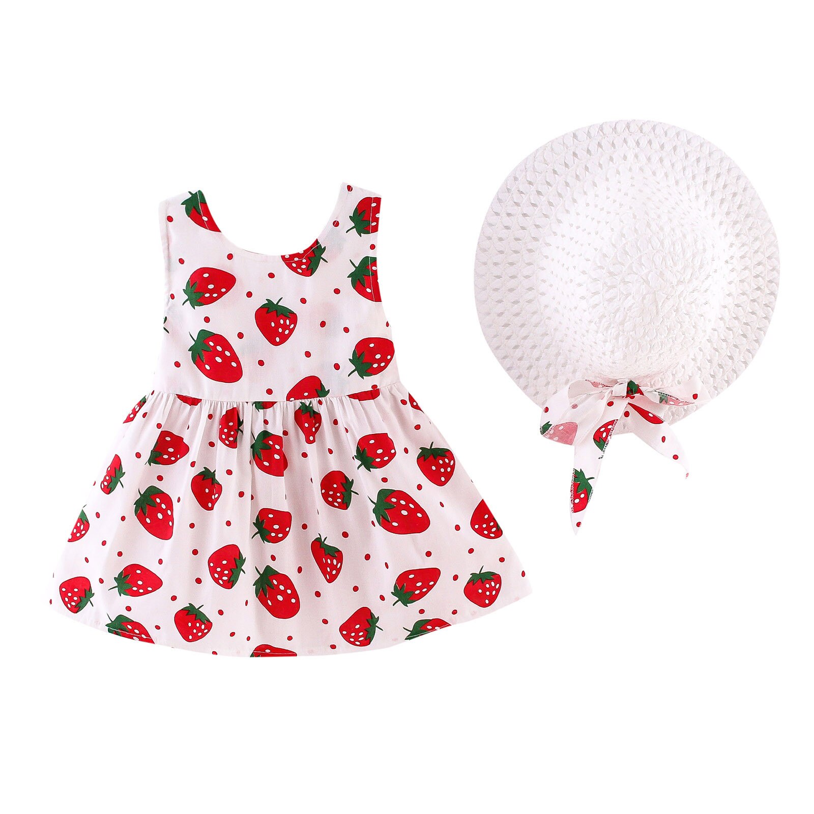 Robe d'été pour -né, vêtements pour filles, tenue de fête, sans manches, motif fraise, avec nœud de plage, princesse, chapeau: Rouge / 4-5 Years