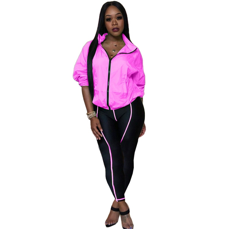 Adogirl Fluorescent Green Women Tracksuit Athleisure Two Piece Set Stand Collar Long Sleeve Jacket Coat Skinny Pants Sportswear