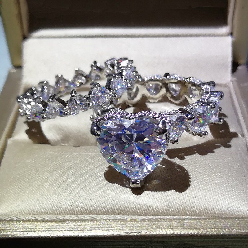 Qtt Zilver Kleur Dubbele Vinger Ring Vrouw Zirconia Promise Ring Hartvormige Wedding Anniversary Sieraden